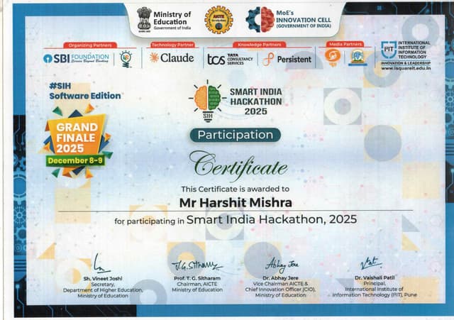 SIH Finalist Certificate